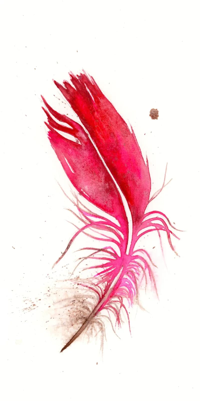 A delicate pink feather rendered in watercolor with amaranth and mauvelous tones.