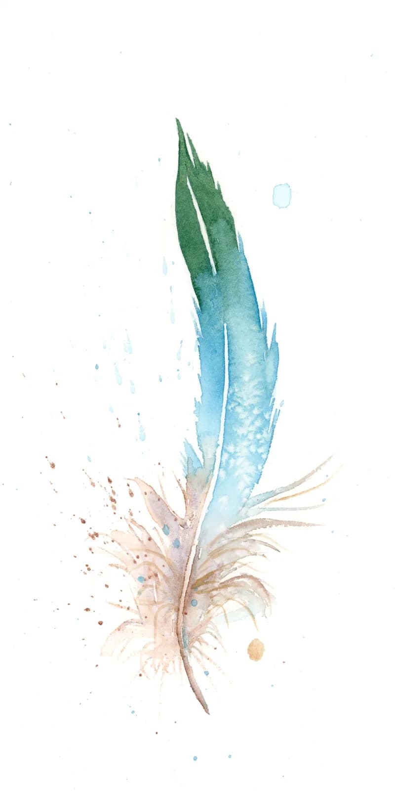 A single feather rendered in watercolor with spring leaves green transitioning to neptune blue and pearl bush tones.