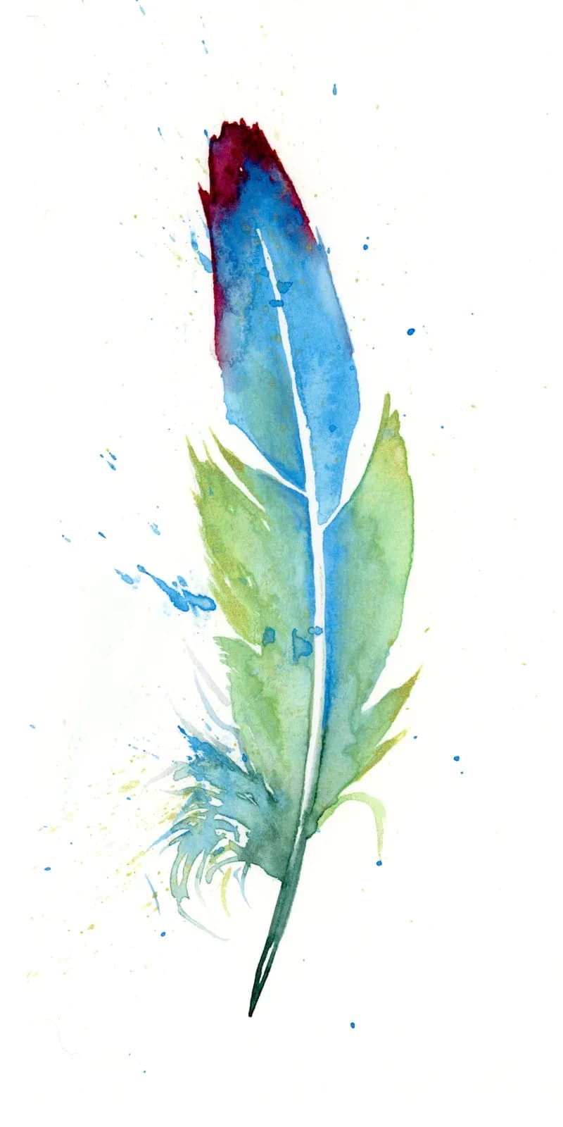A single flower with burgundy petals and green leaves rendered in watercolor with azure and blue ink splashes.