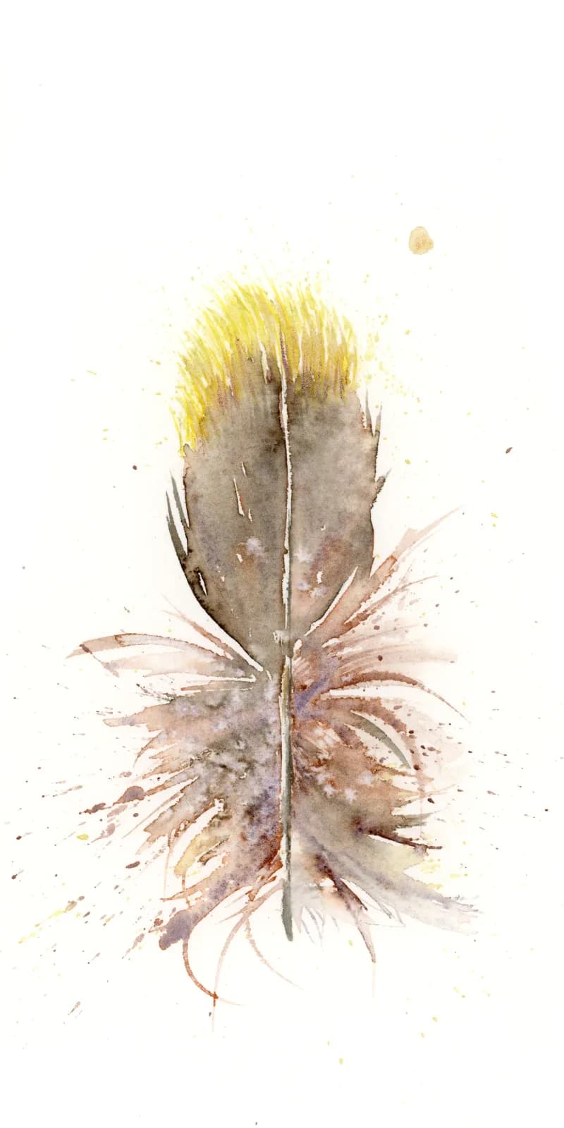 A thistle or spiky wildflower rendered in watercolor with yellow blooms and muted earth-tone roots.