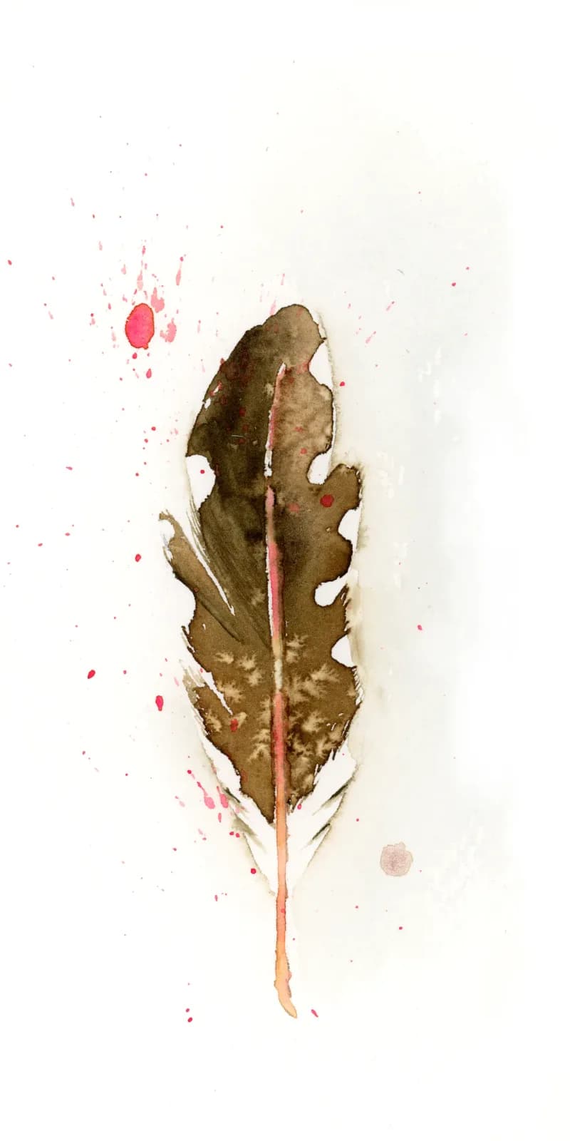 A single oak leaf rendered in watercolor with pink splashes and white gouache accents on paper.