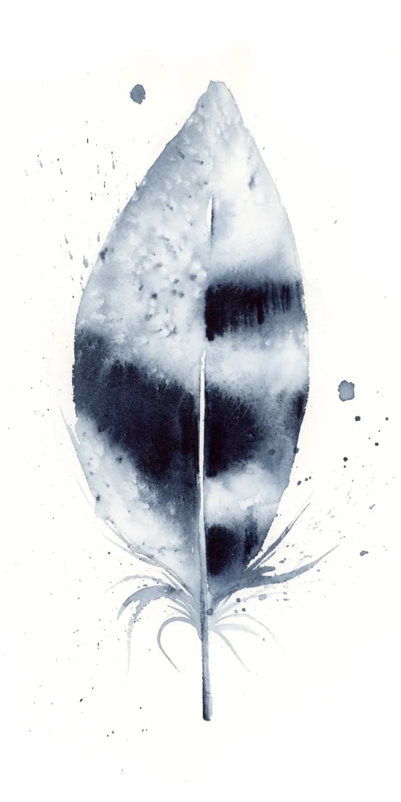 A stylized feather or leaf form rendered in ebony and geyser watercolor washes with organic splatter accents.