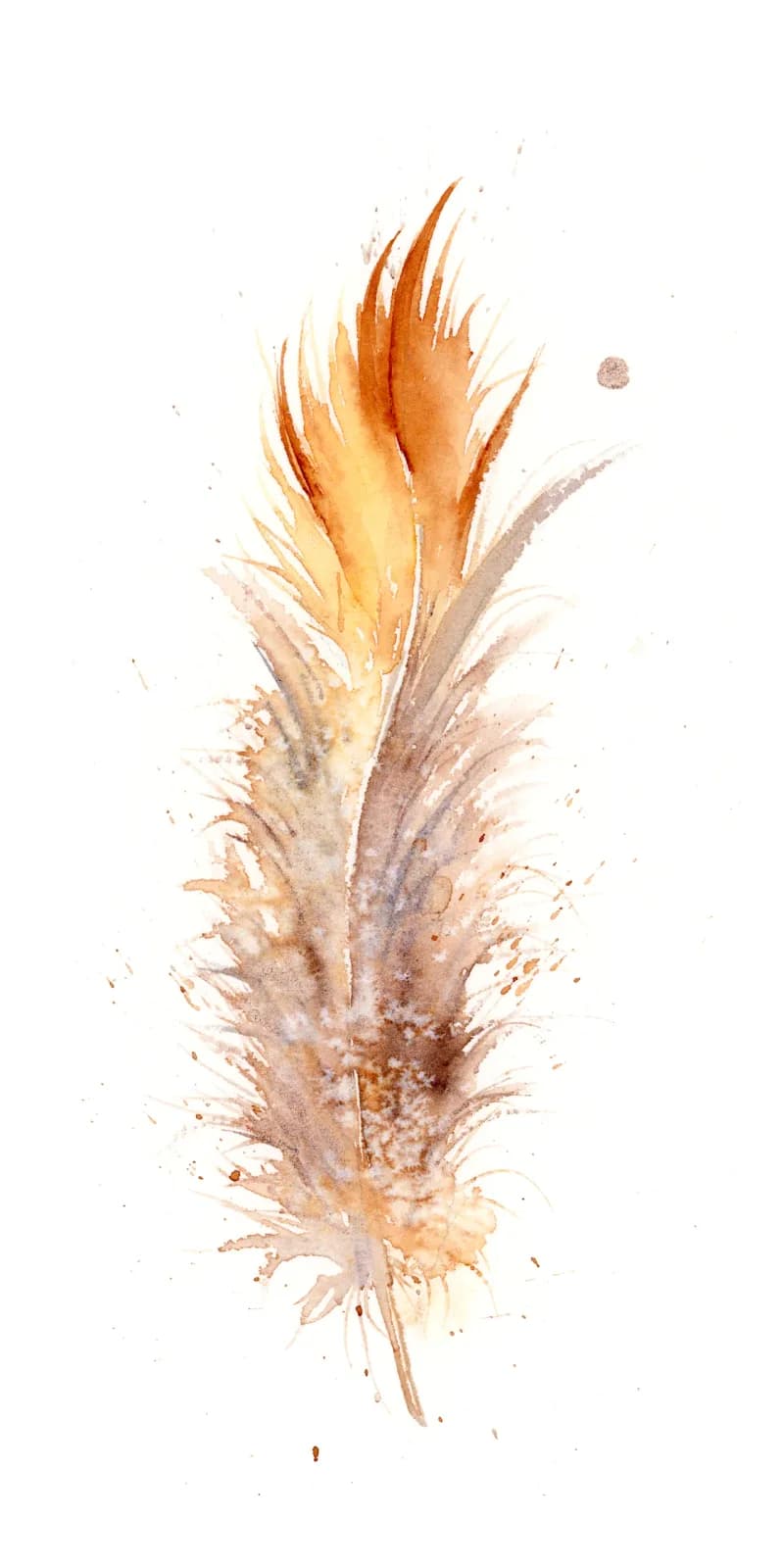Watercolor painting of a feathered form in warm orange, paarl, and romance tones with soft splashes.