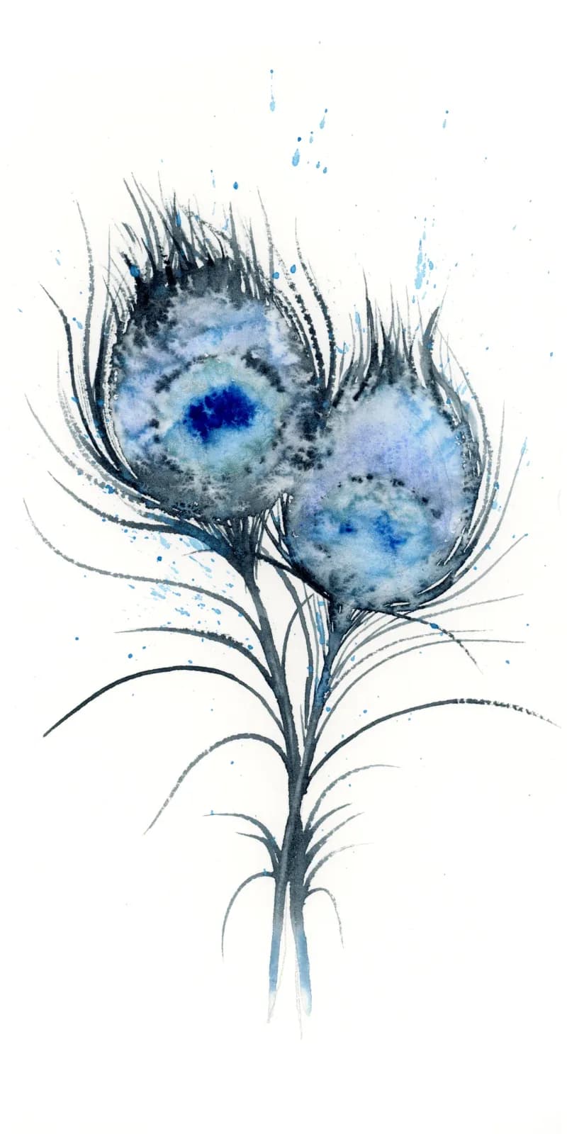 A stylized blue floral form with peacock-feather petals rendered in watercolor and ink.