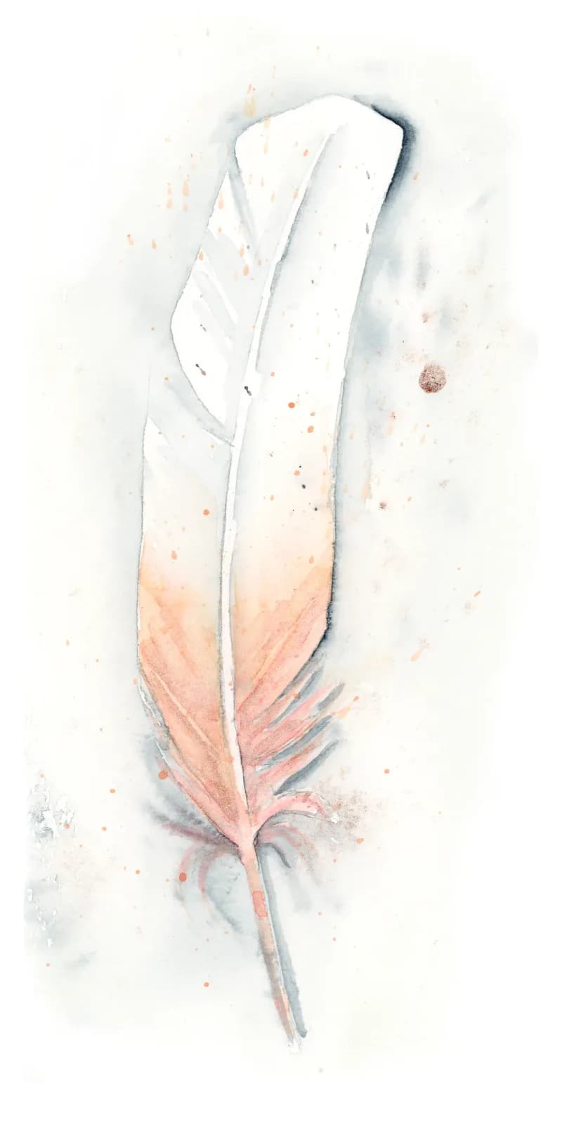 A single feather rendered in soft watercolor with gradations from white to romance and desert sand tones.