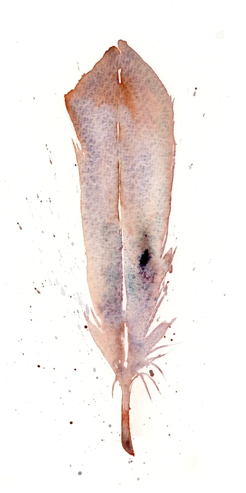 Watercolor and ink study of a feather with delicate splatters and soft Romance and Clam Shell tones.