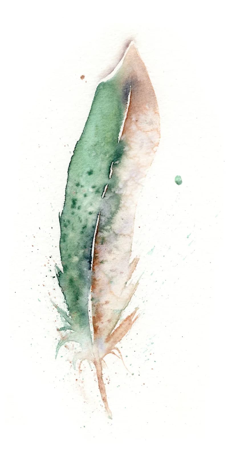 A single seed pod rendered in watercolor, with green and soft amber tones and organic drips.