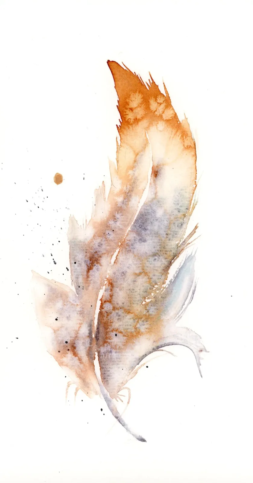A watercolor feather rendered in ochre, romance, and pearl tones with expressive, flowing brushwork.