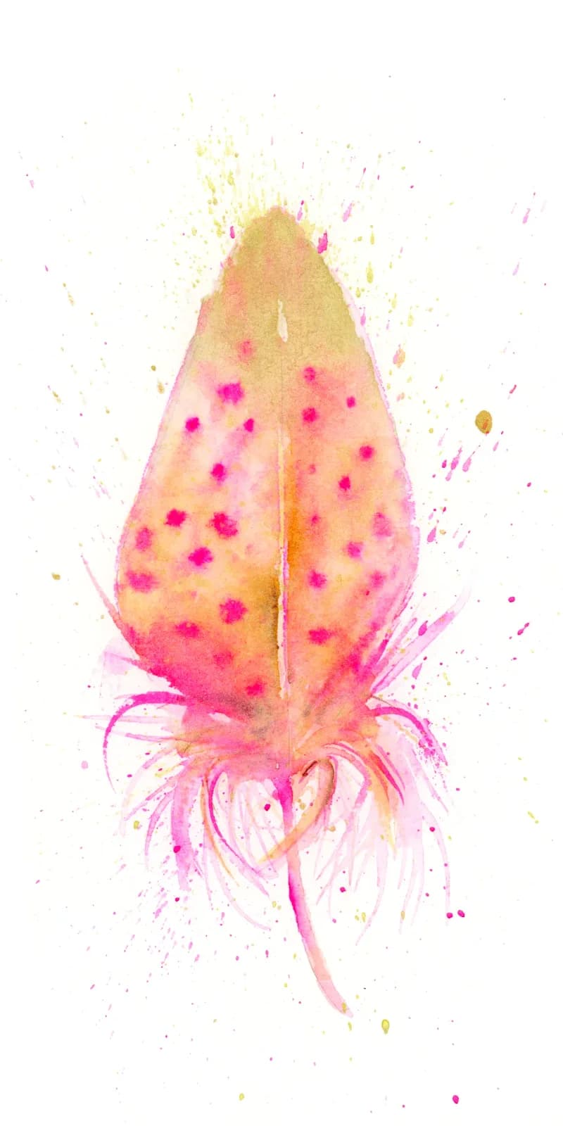 A stylized squid or flower rendered in watercolor with French Rose and chardonnay gold splatter effects.