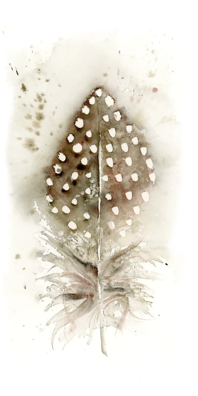 A detailed watercolor illustration of a spotted leaf with fine brushwork in bronze and cream tones.
