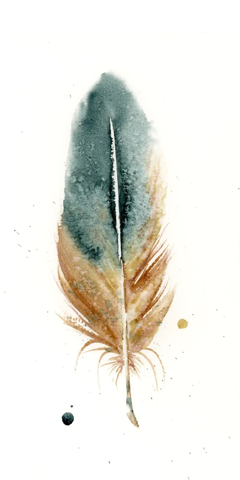 A single feather rendered in watercolor with sage green and soft amber tones on white paper.