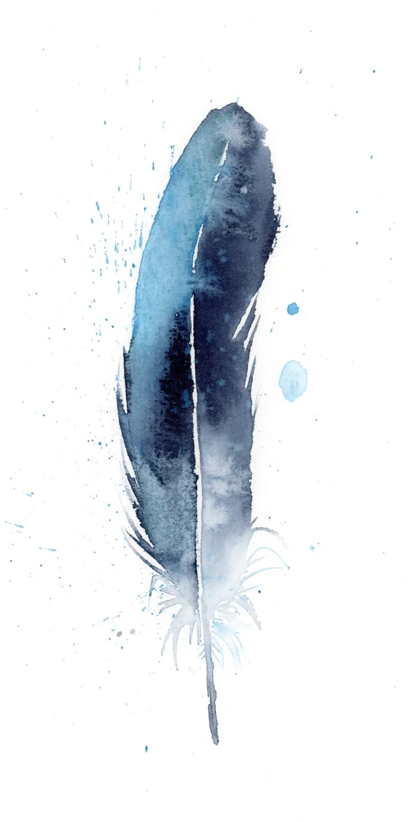A blue whale rendered in watercolor with splattered and splashed ink accents.