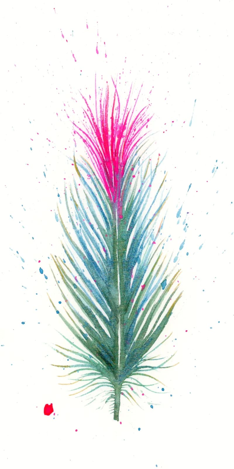 A thistle with cerise bloom and teal-green foliage rendered in watercolor with expressive splatter effects.