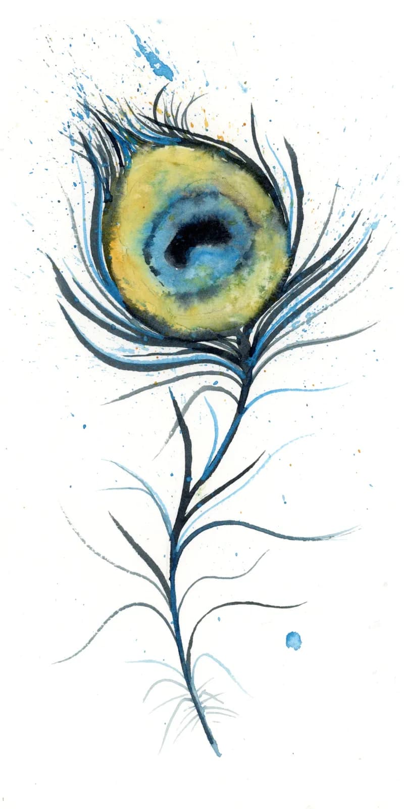 A peacock feather rendered in watercolor with a yellow and blue iris eye at its center.