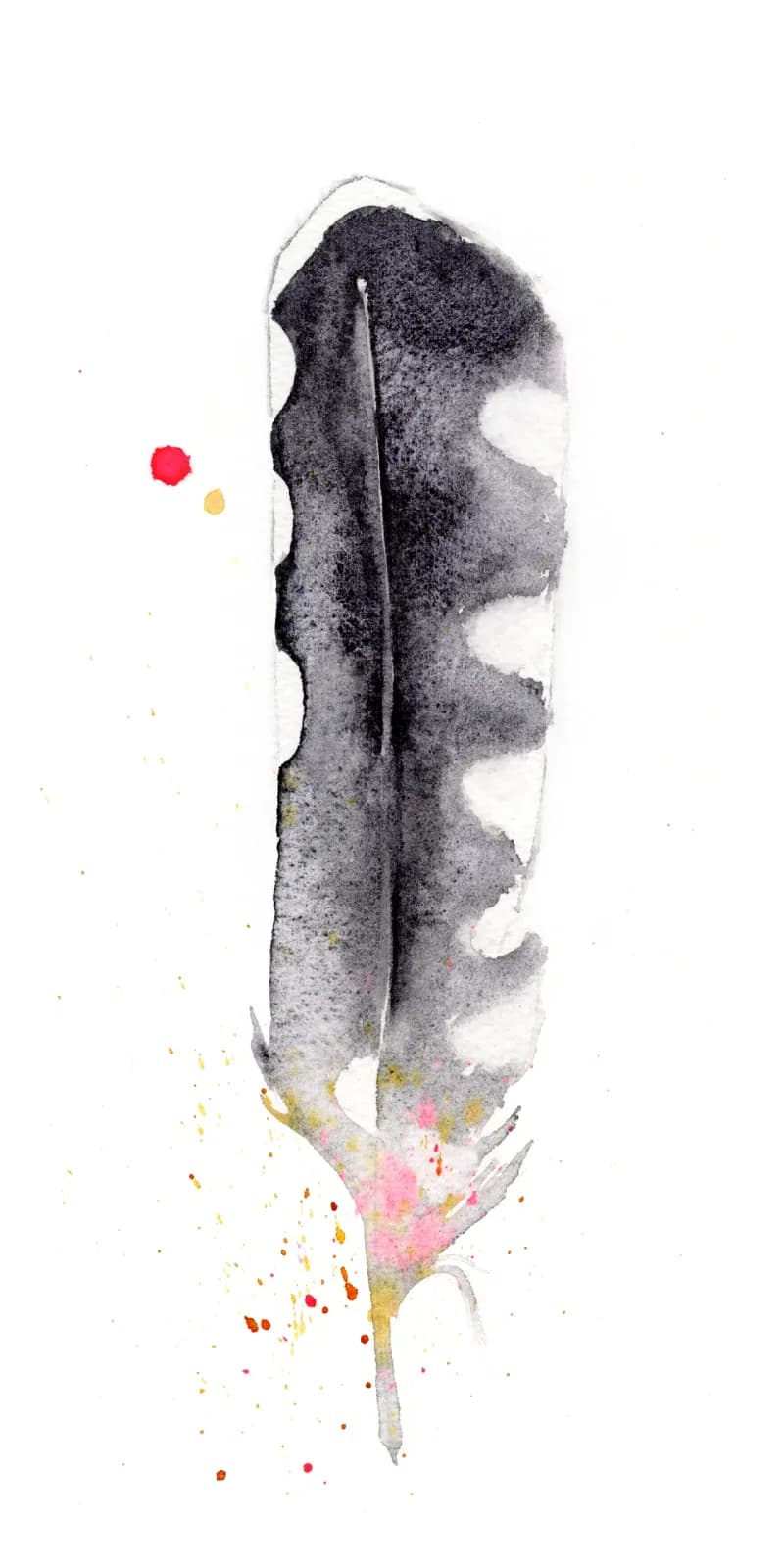 A feather rendered in grayscale ink wash with pink and gold watercolor splashes below.