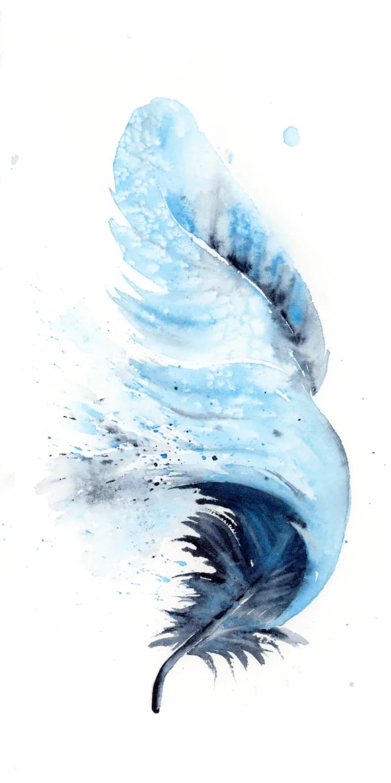Abstract watercolor feather in blue, white, and dark navy with fluid splashes and texture.