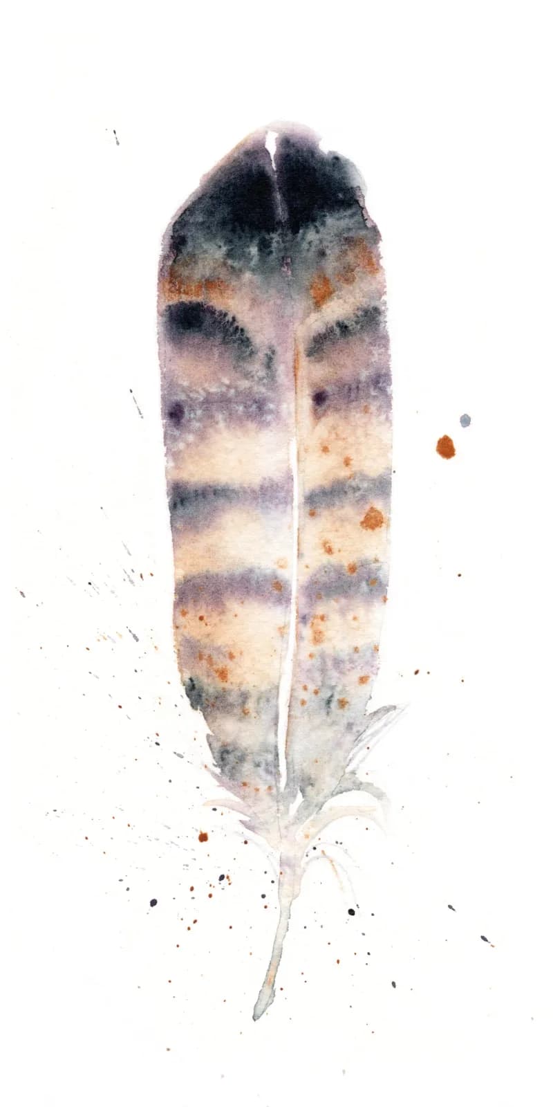 Single feather rendered in watercolor with layered blues, taupes, and rust tones.