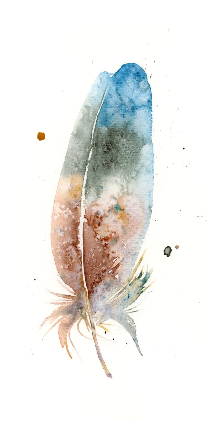 A single feather rendered in watercolor, transitioning from blue at the tip through earthy tones to rust and ochre at the base.