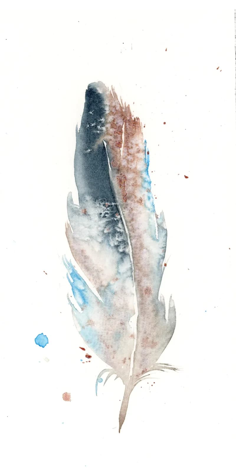 A single feather rendered in soft watercolor washes of gray, romance, and blue tones with delicate splatter accents.