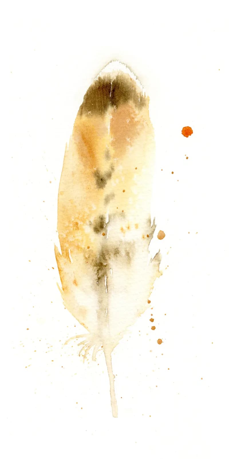 A single feather rendered in warm ochre and bamboo watercolor with delicate spattering and atmospheric washes.