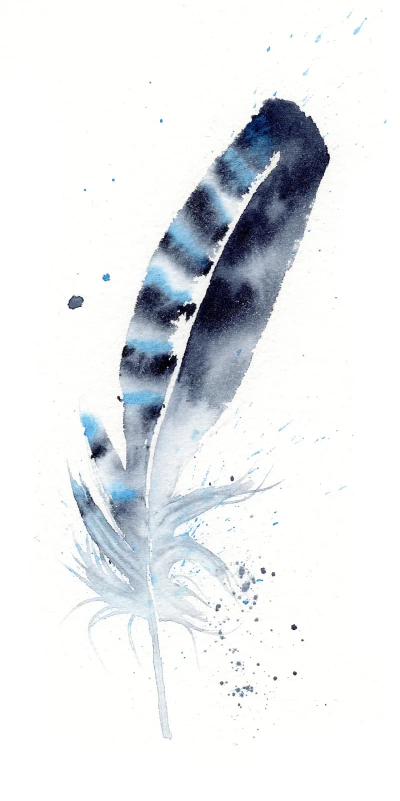 A blue and gray feather rendered in watercolor with flowing splashes and atmospheric pigment diffusion.