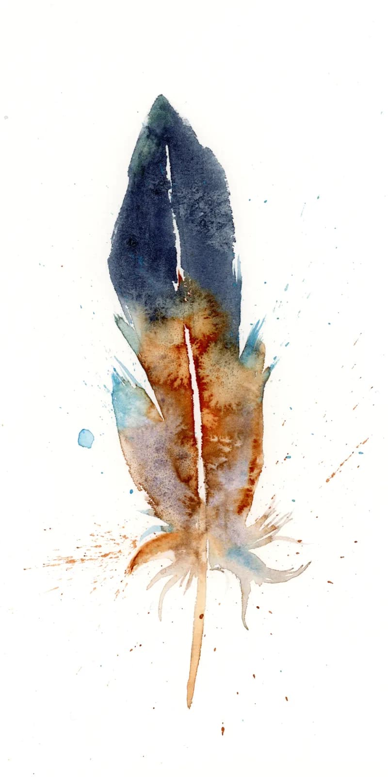 A feather rendered in watercolor with blue, amber, and soft earth tones, set against white space with delicate splashes.