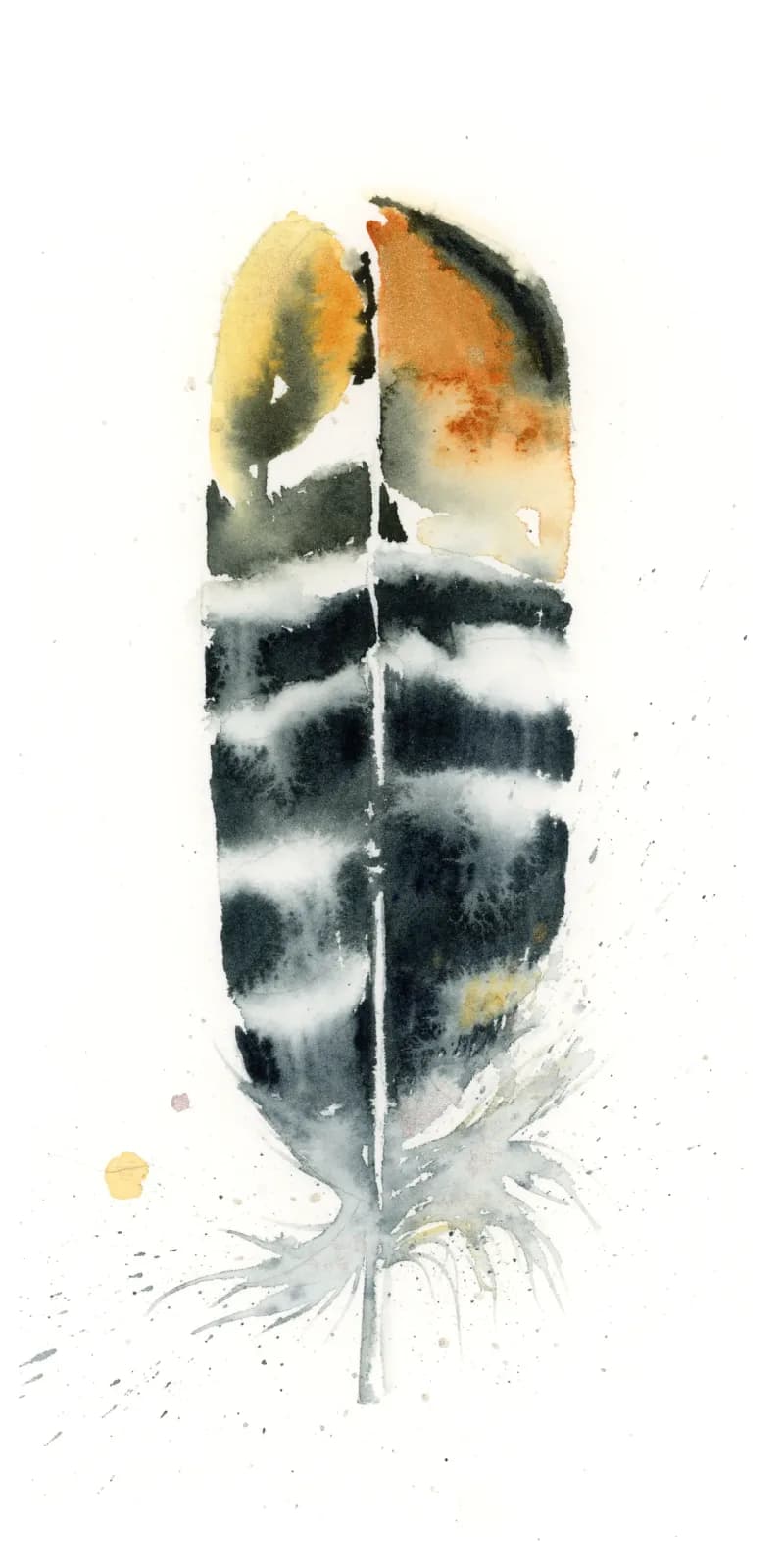 A stylized feather rendered in watercolor with tussock, romance, and satin linen tones, layered with dark striping and splashes.