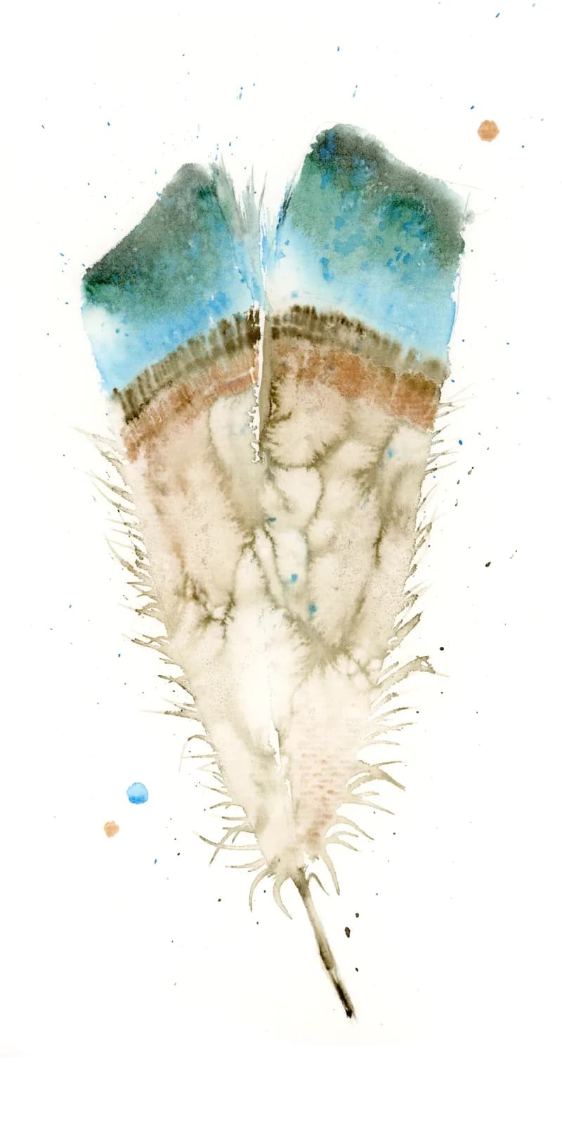 A stylized flower rendered in watercolor with viridian green petals, sand-colored root system, and delicate scattered accents.