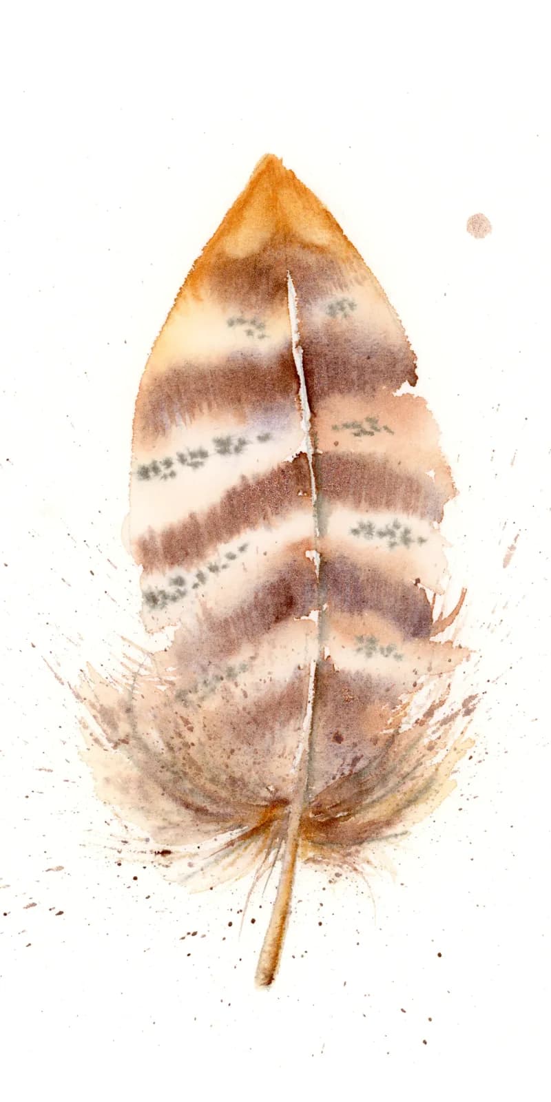 A single feather rendered in watercolor with sandy brown and mauve bands, delicate detail, and splashed pigment.