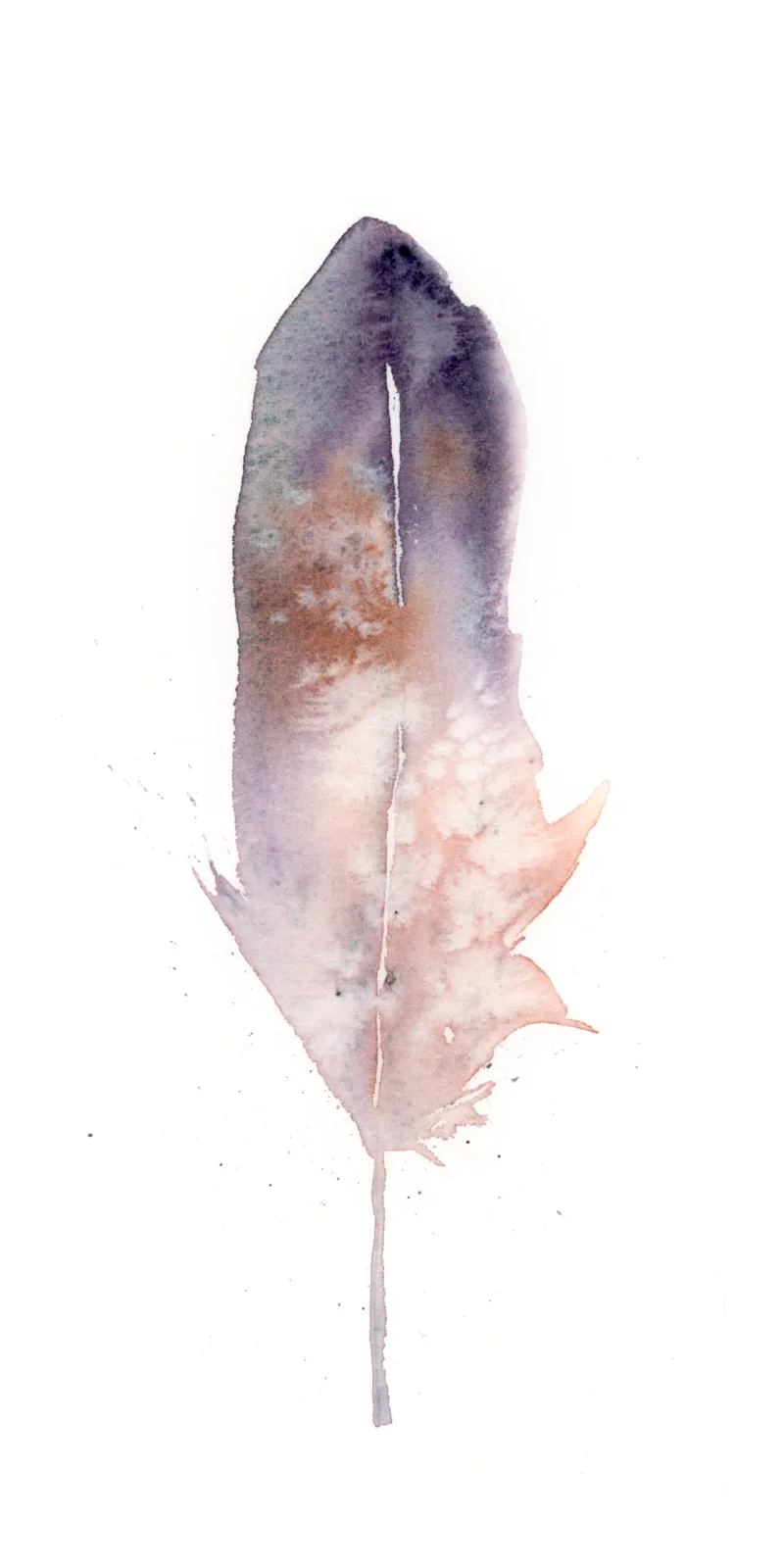 A single feather rendered in soft watercolor with dusty purple, romance, and warm peachy tones.