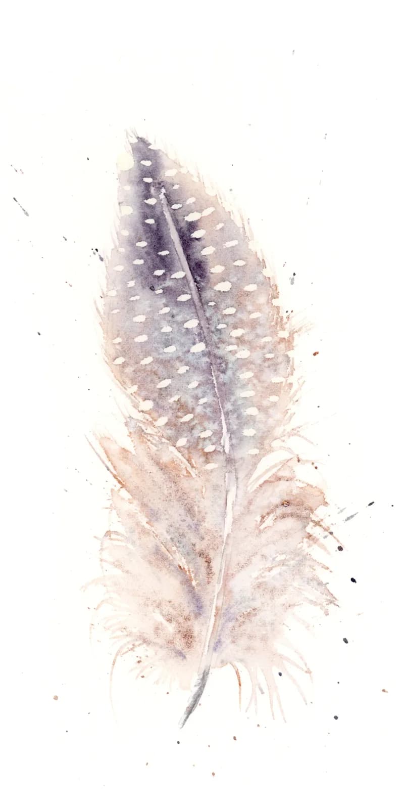 A delicate feather rendered in watercolor with soft smoky and romantic tones against white paper.