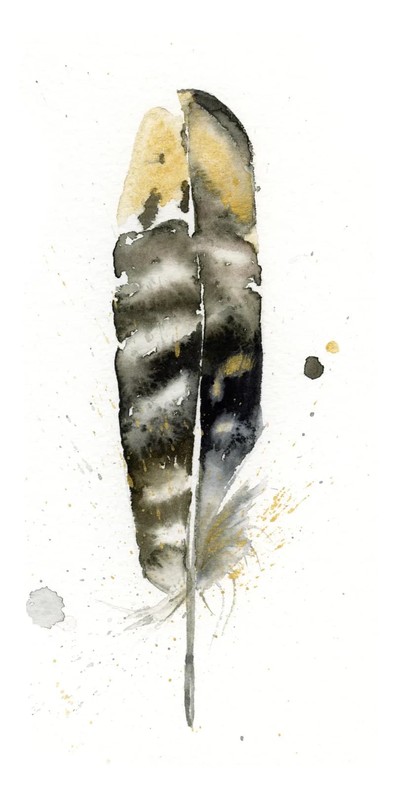 A feather rendered in watercolor with pale yellow and deep taupe-gray tones, scattered with delicate wash accents.