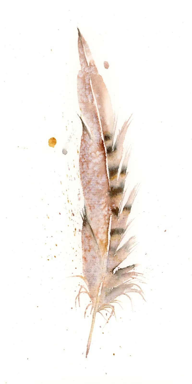 A single feather rendered in soft watercolor with warm vanilla and fawn tones, scattered pigment marks suggesting movement and texture.