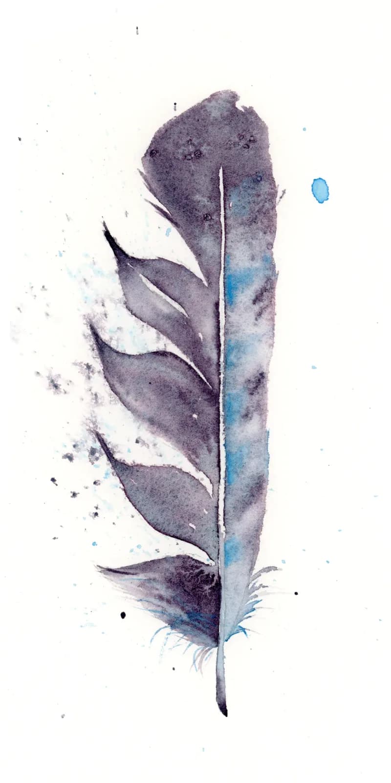 A single feather rendered in watercolor with purples, blues, and soft washes on white paper.