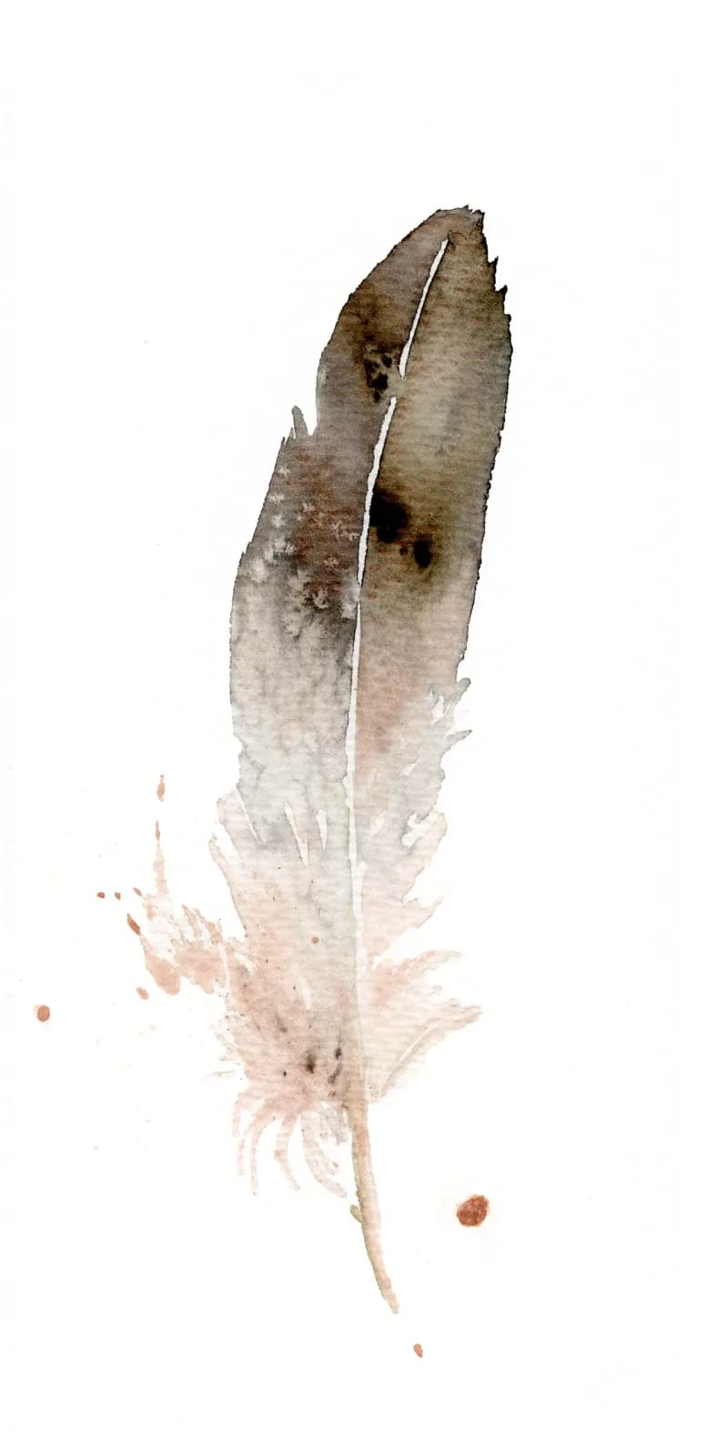 A single feather rendered in watercolor with metallic bronze and soft amber tones.
