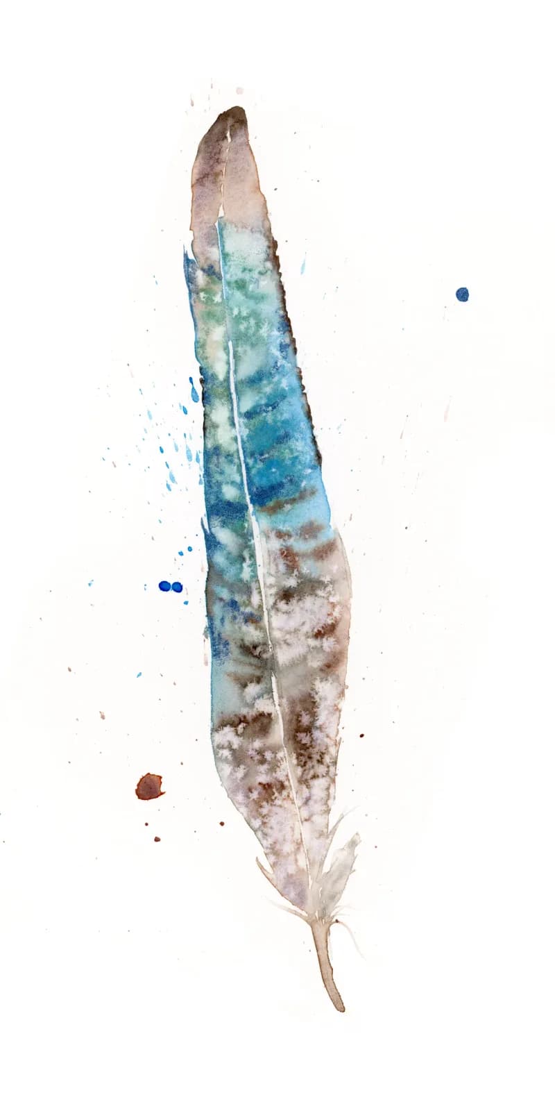 A watercolor rendering of a single feather in calypso blue, horizon, and earthen tones with organic splatter details.