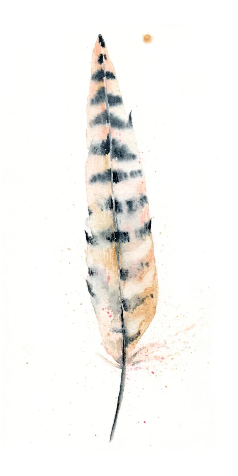 A speckled feather rendered in watercolor with almond, vanilla, and charcoal tones.
