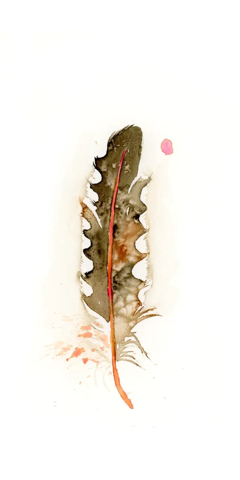 A delicate watercolor feather study rendered in muted greens, warm grain browns, and soft romance pink accents.