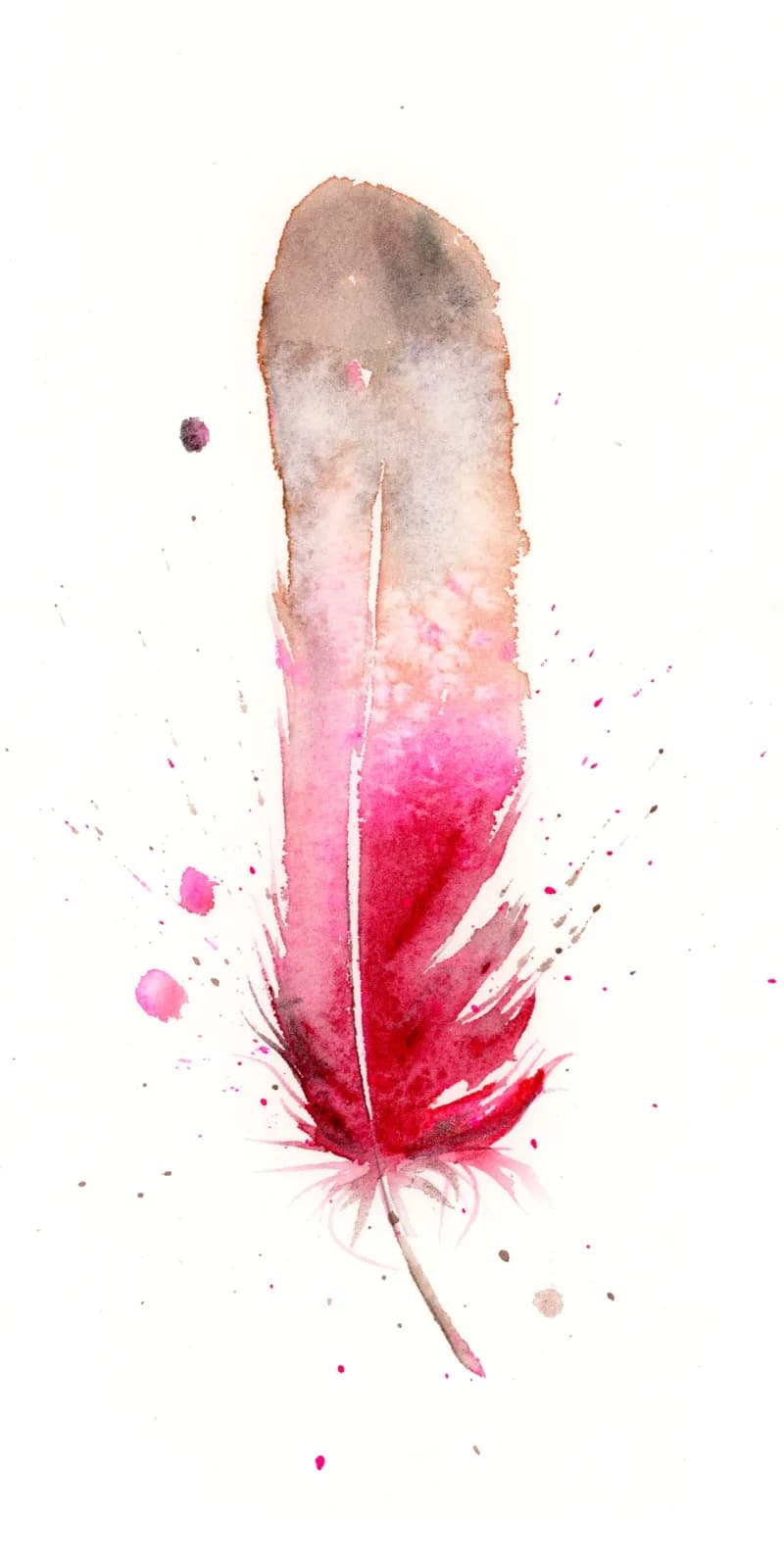 A stylized feather rendered in watercolor, transitioning from cream and muted taupe to vivid cranberry and maroon with scattered splashes.