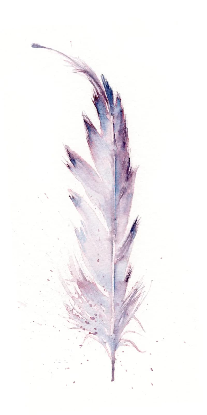 A single feather rendered in soft watercolor tones of lavender, romance, and rum against white paper.