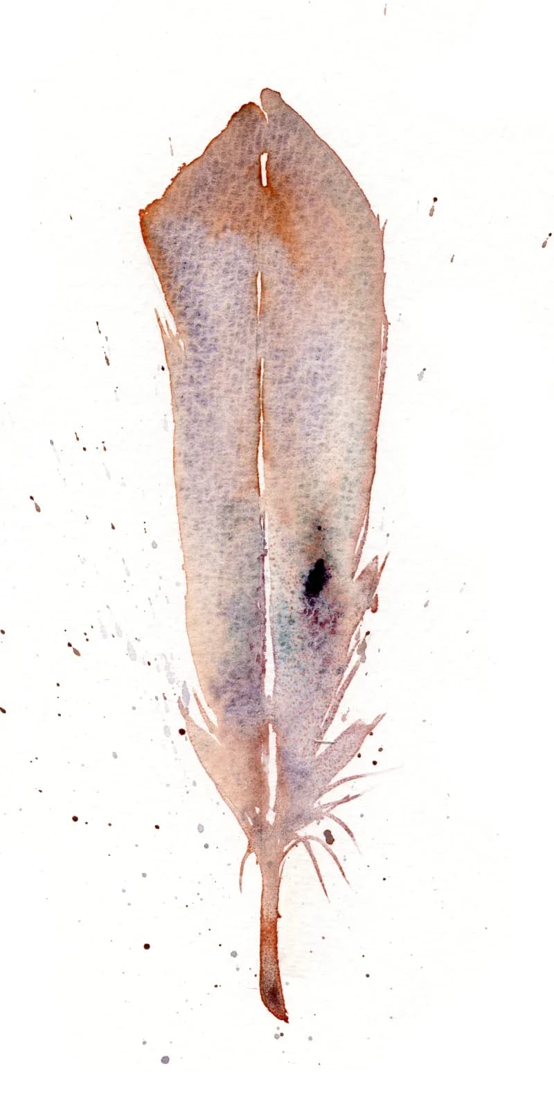 A single feather rendered in watercolor with earth-toned washes and detailed linear markings.