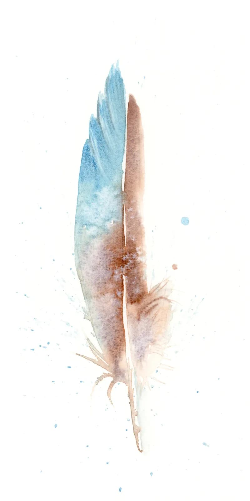 A single feather rendered in blue-to-brown watercolor with soft diffused edges and scattered pigment.