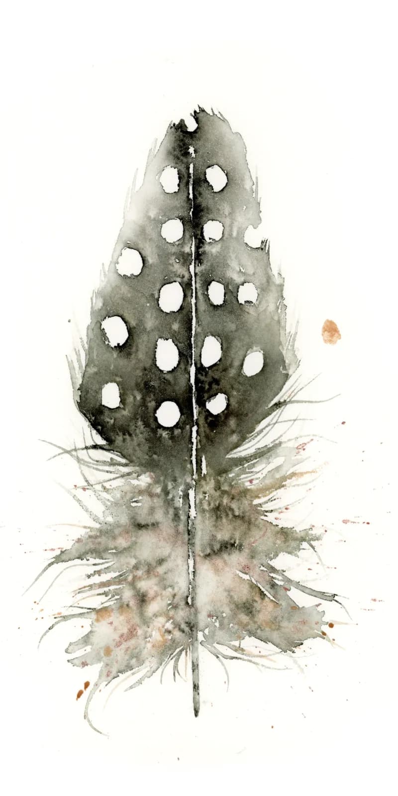 A spotted leaf with prominent white spots rendered in watercolor with gray-olive and ash tones.