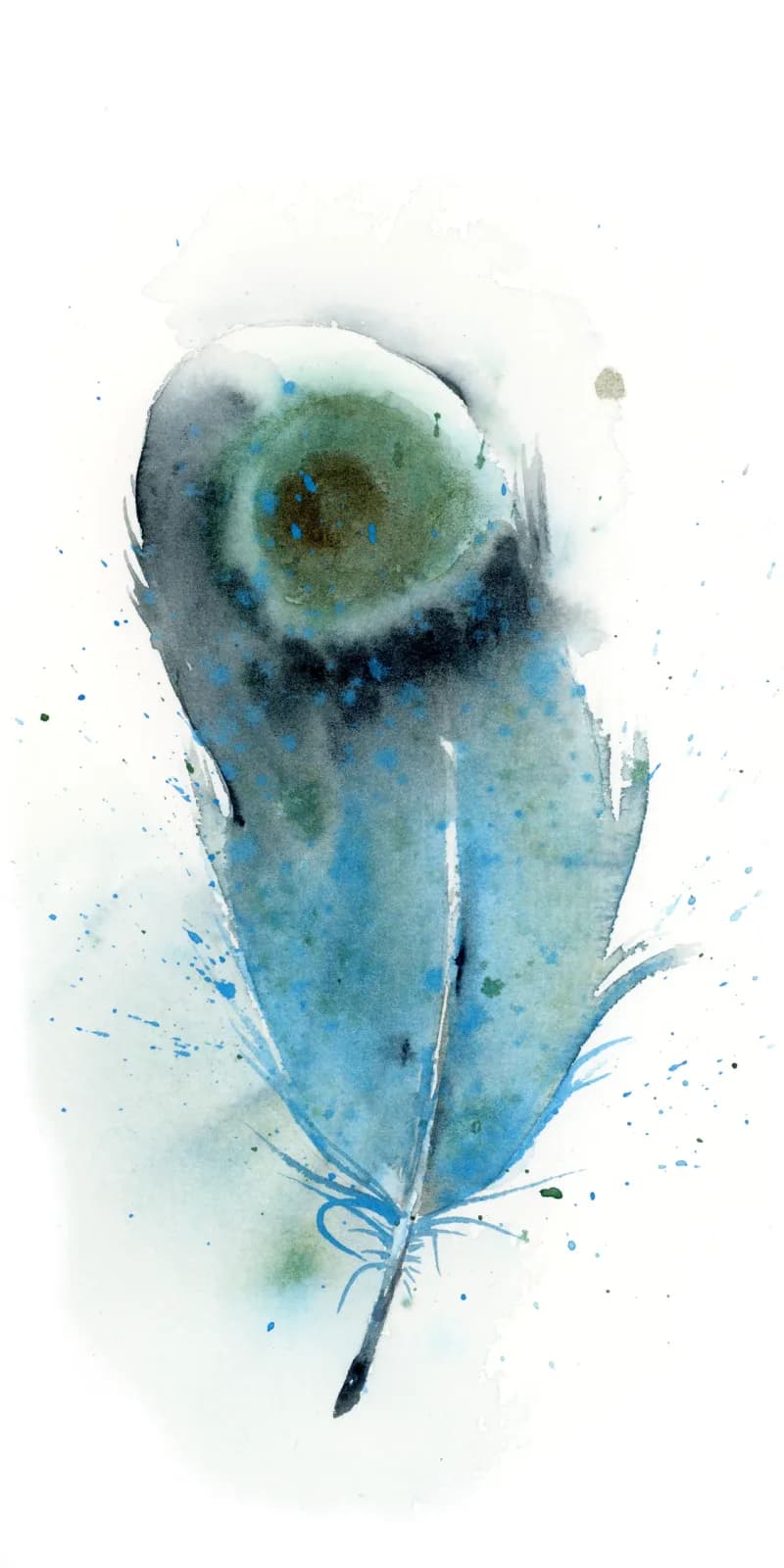 An abstract watercolor feather rendered in hippie blue, juniper, and mystic tones with organic paint splashes.