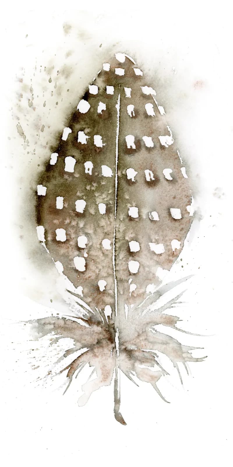 A single spotted leaf with white markings rendered in watercolor on white paper.