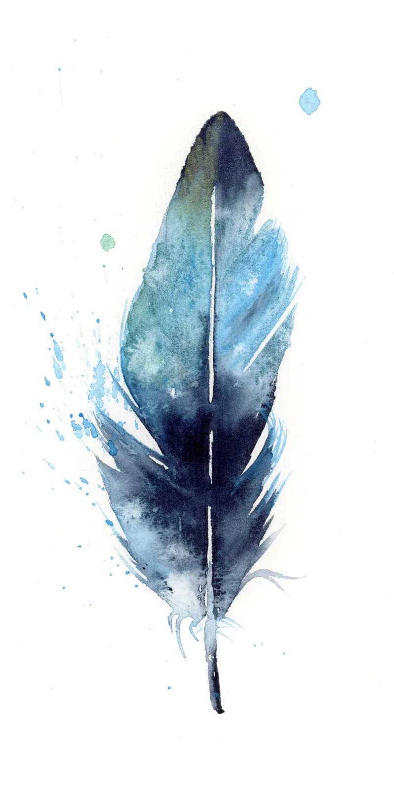 A blue feather rendered in watercolor with gestural ink-wash effects and scattered droplets.