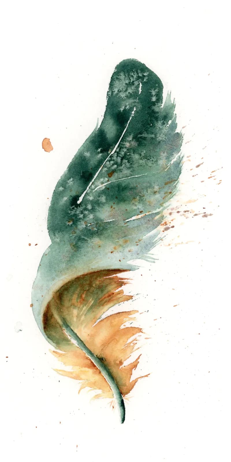 A stylized feather rendered in viridian green and warm ochre watercolor with atmospheric diffusion.
