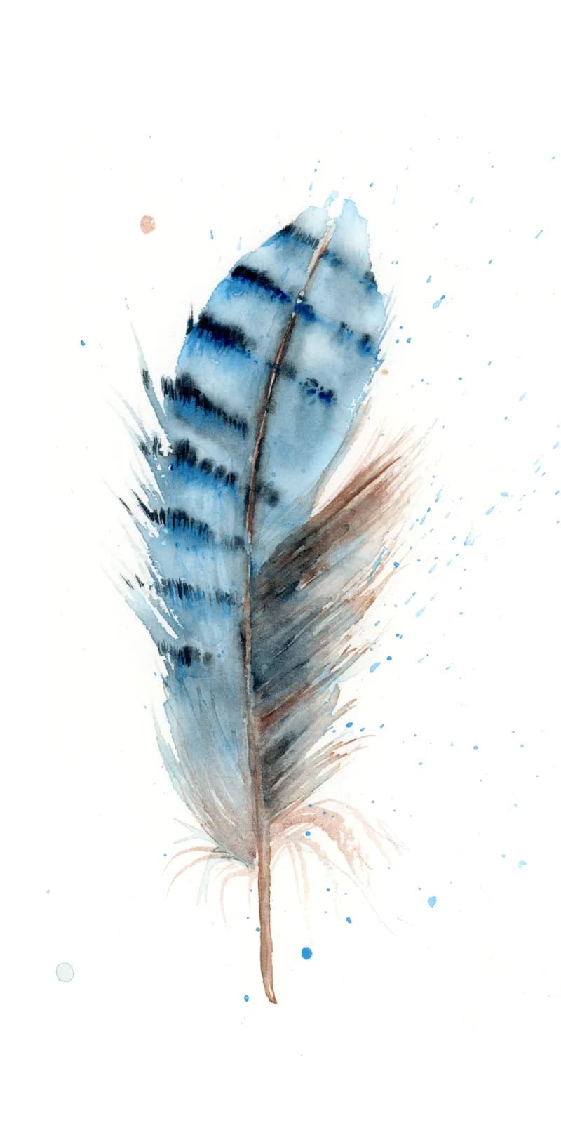 Blue jay feather rendered in watercolor with loose splashes and muted earthy tones.