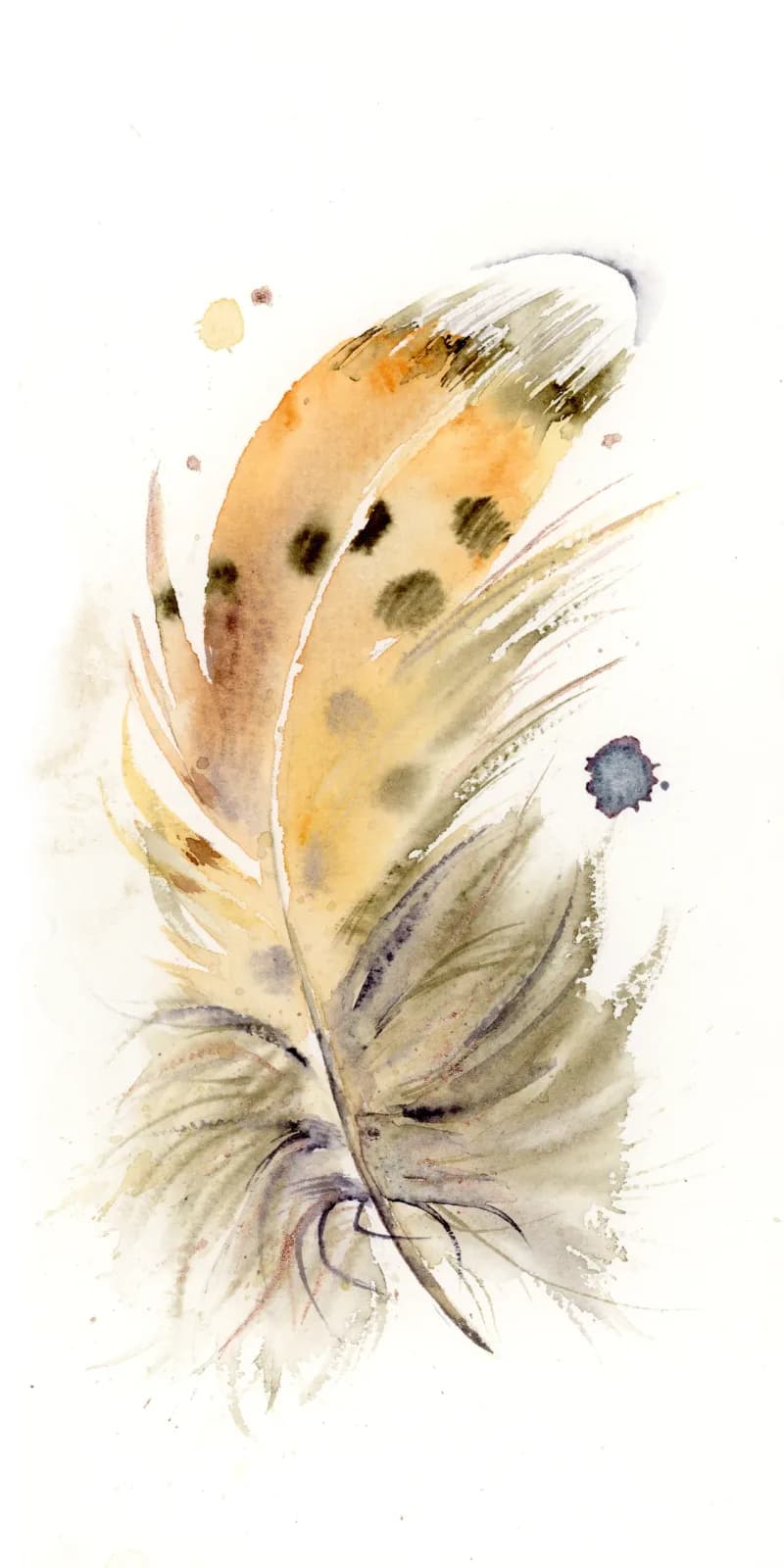 A delicate watercolor study of a feathered seed pod in harvest gold and metallic bronze tones with flowing organic roots below.
