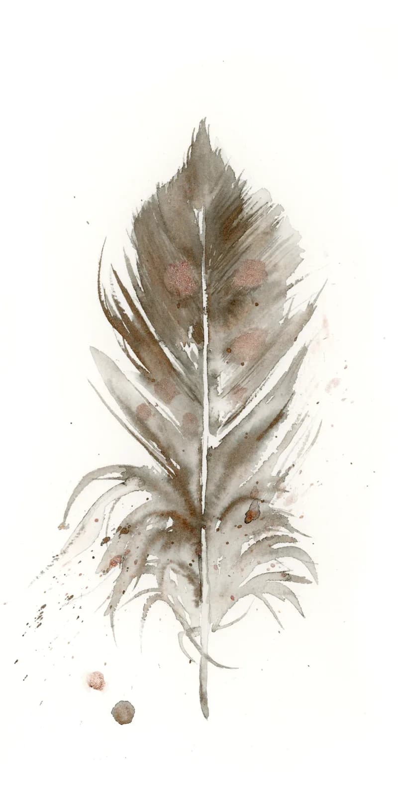 A delicate feather rendered in muted watercolor with soft washes of ash, romance, and timberwolf tones.